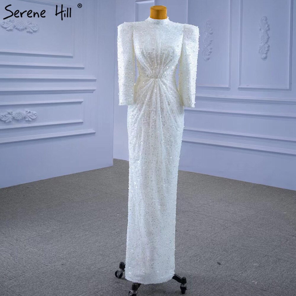 Serene Hill Muslim Mermaid White Evening Dresses Gowns 2025 Luxury Elegant Beaded For Women Party HM67335 - SERENE HILL