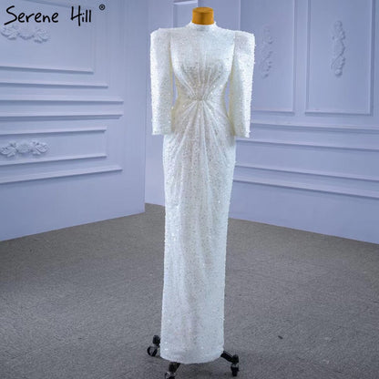 Serene Hill Muslim Mermaid White Evening Dresses Gowns 2025 Luxury Elegant Beaded For Women Party HM67335 - SERENE HILL