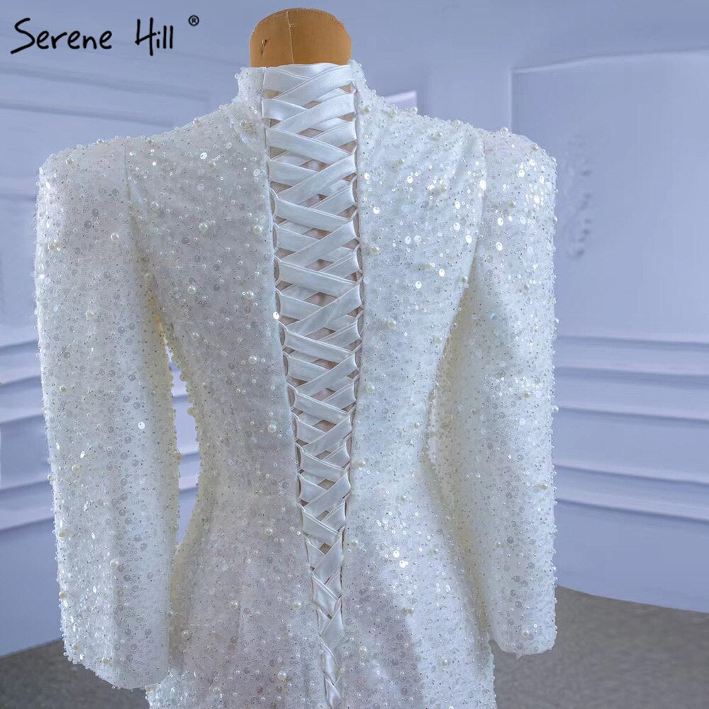 Serene Hill Muslim Mermaid White Evening Dresses Gowns 2025 Luxury Elegant Beaded For Women Party HM67335 - SERENE HILL
