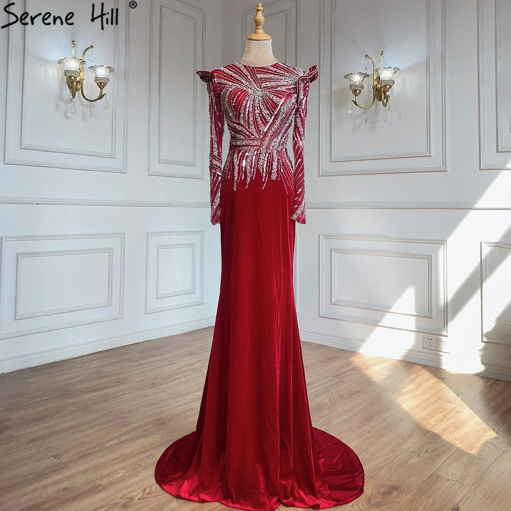 Serene Hill Muslim Mermaid Wine Red Evening Dresses Gowns 2025 Beaded Elegant Satin For Women Party LA71449 - SERENE HILL
