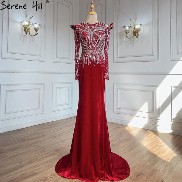 Serene Hill Muslim Mermaid Wine Red Evening Dresses Gowns 2025 Beaded  Elegant Satin For Women Party LA71449