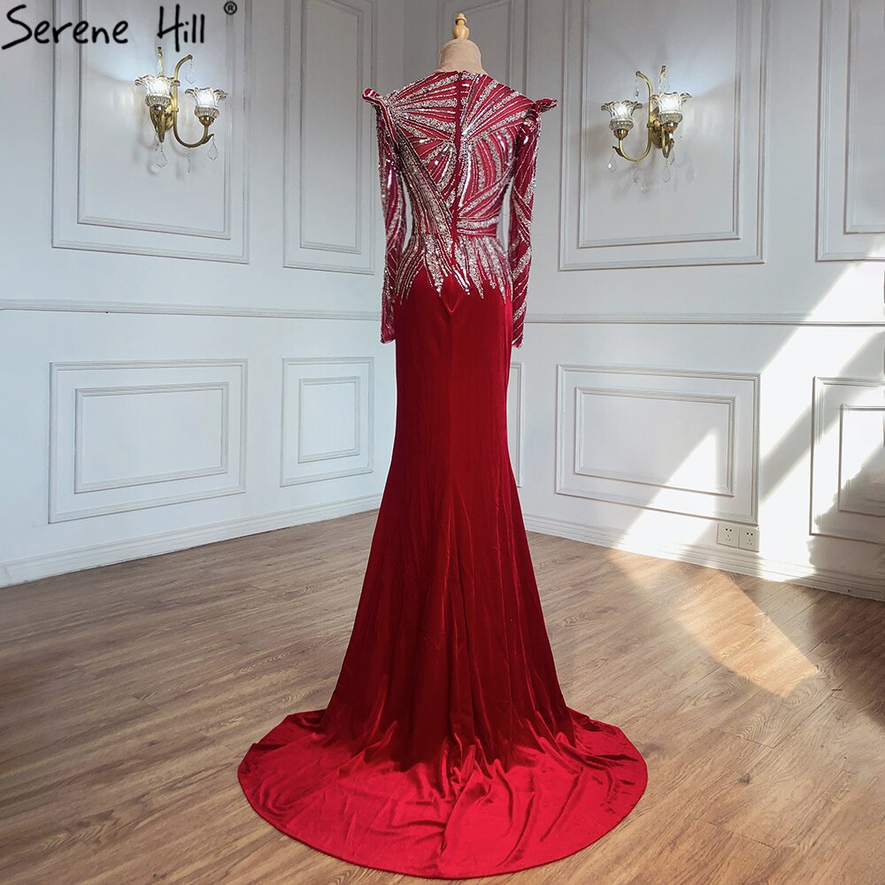 Serene Hill Muslim Mermaid Wine Red Evening Dresses Gowns 2025 Beaded Wine Red / 4