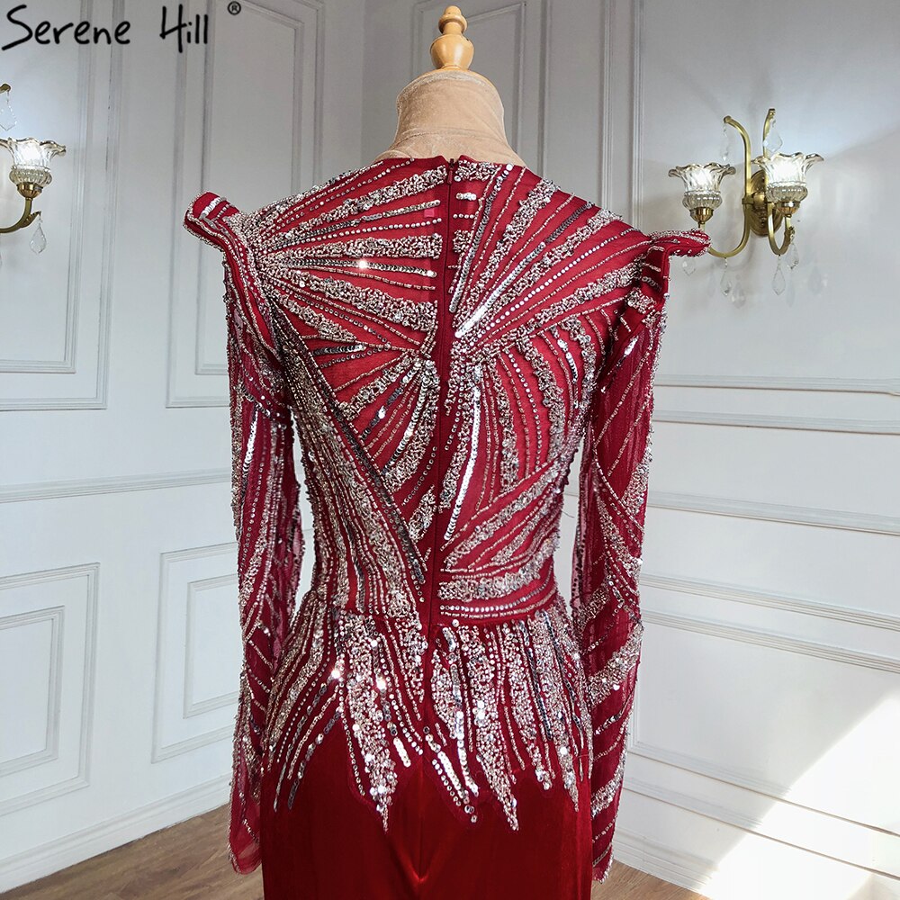 Serene Hill Muslim Mermaid Wine Red Evening Dresses Gowns 2025 Beaded Elegant Satin For Women Party LA71449 - SERENE HILL