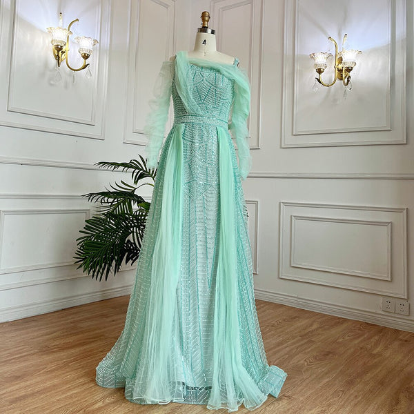 Serene Hill Muslim Mint Over Skirt A Line Beaded Luxury Dubai Long Evening Dresses Gowns 2025 For Women Wedding Party LA71924