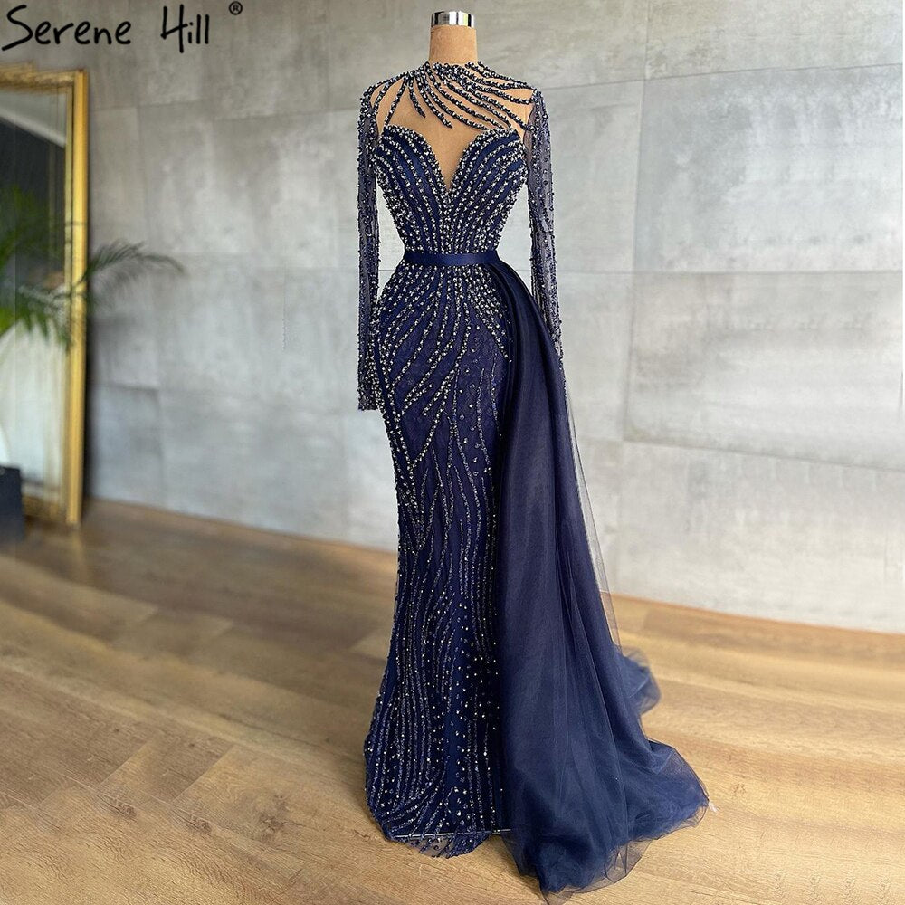 Navy Blue Mermaid Dubai Evening Dress with Detachable Skirt Long Sleeve LA71359 - SERENE HILL