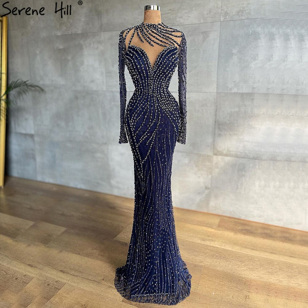 Navy Blue Mermaid Dubai Evening Dress with Detachable Skirt Long Sleeve LA71359 - SERENE HILL