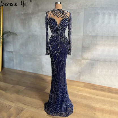 Navy Blue Mermaid Dubai Evening Dress with Detachable Skirt Long Sleeve LA71359 - SERENE HILL