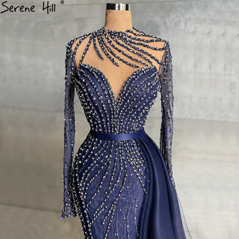 Navy Blue Mermaid Dubai Evening Dress with Detachable Skirt Long Sleeve LA71359 - SERENE HILL