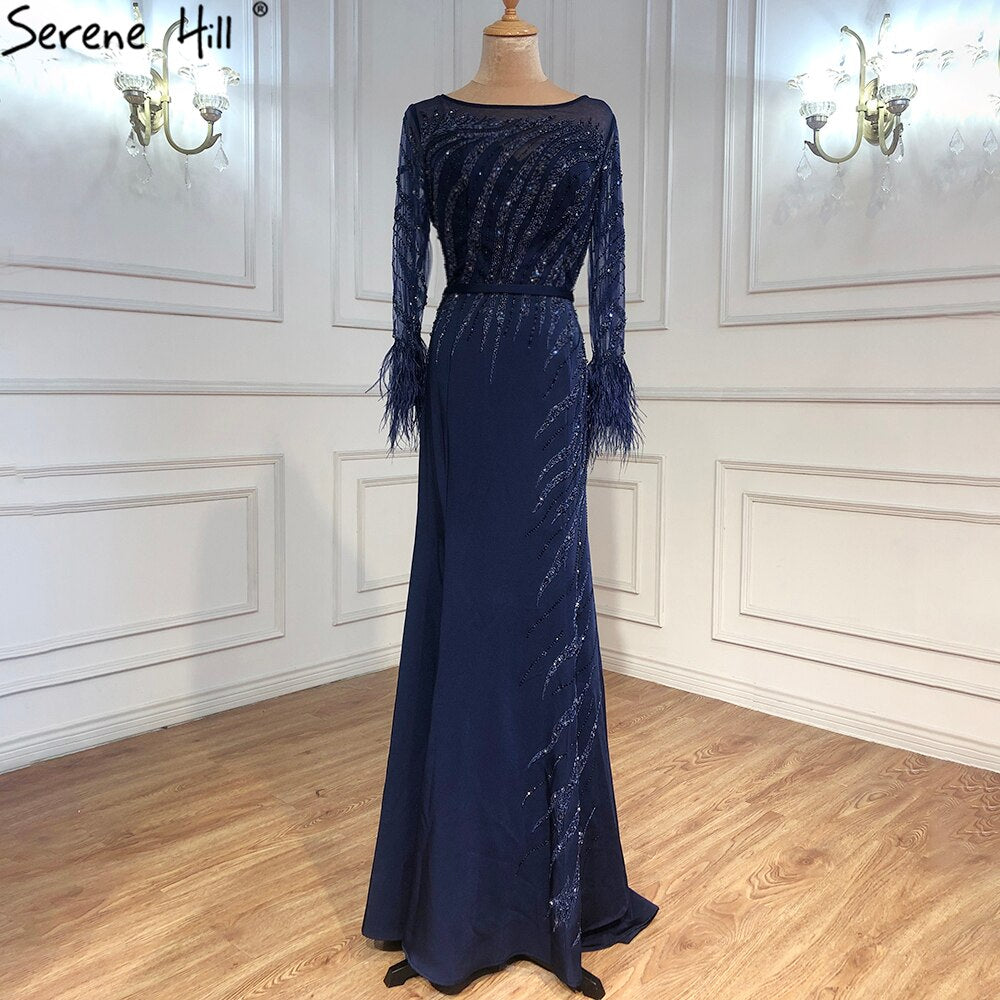 Serene Hill Muslim Navy Blue Meramaid Evening Dresses Gowns 2025 Luxury Elegant Beaded Feather For Women Party LA70978A - SERENE HILL