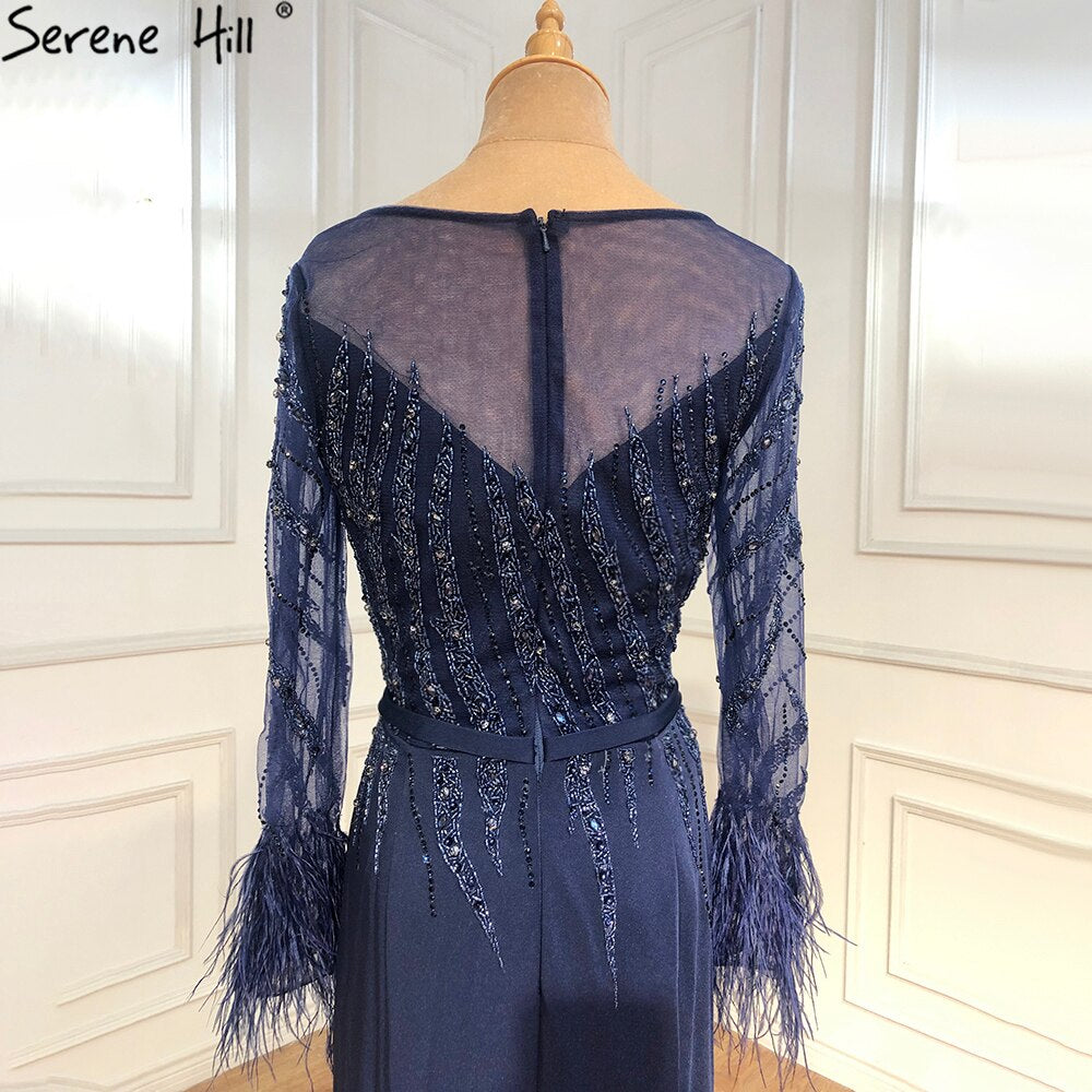 Serene Hill Muslim Navy Blue Meramaid Evening Dresses Gowns 2025 Luxury Elegant Beaded Feather For Women Party LA70978A - SERENE HILL