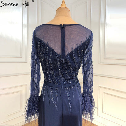 Serene Hill Muslim Navy Blue Meramaid Evening Dresses Gowns 2025 Luxury Elegant Beaded Feather For Women Party LA70978A - SERENE HILL