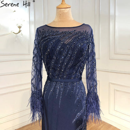 Serene Hill Muslim Navy Blue Meramaid Evening Dresses Gowns 2025 Luxury Elegant Beaded Feather For Women Party LA70978A - SERENE HILL
