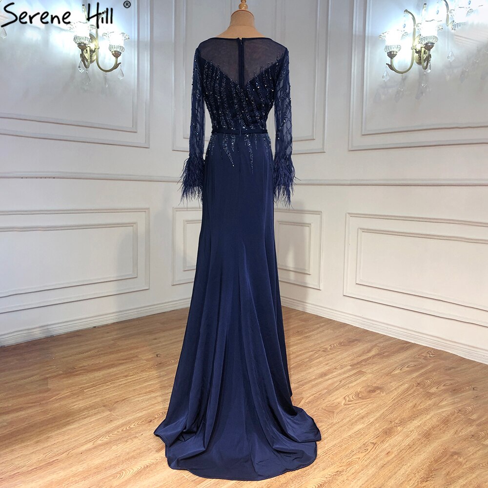 Serene Hill Muslim Navy Blue Meramaid Evening Dresses Gowns 2025 Luxury Elegant Beaded Feather For Women Party LA70978A - SERENE HILL