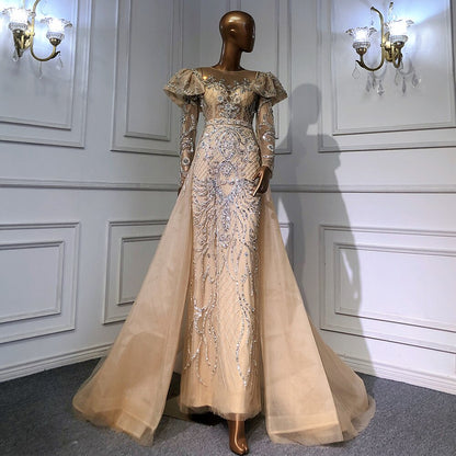 Luxury Nude Beaded Mermaid Evening Dress with Overskirt LA71352 - SERENE HILL