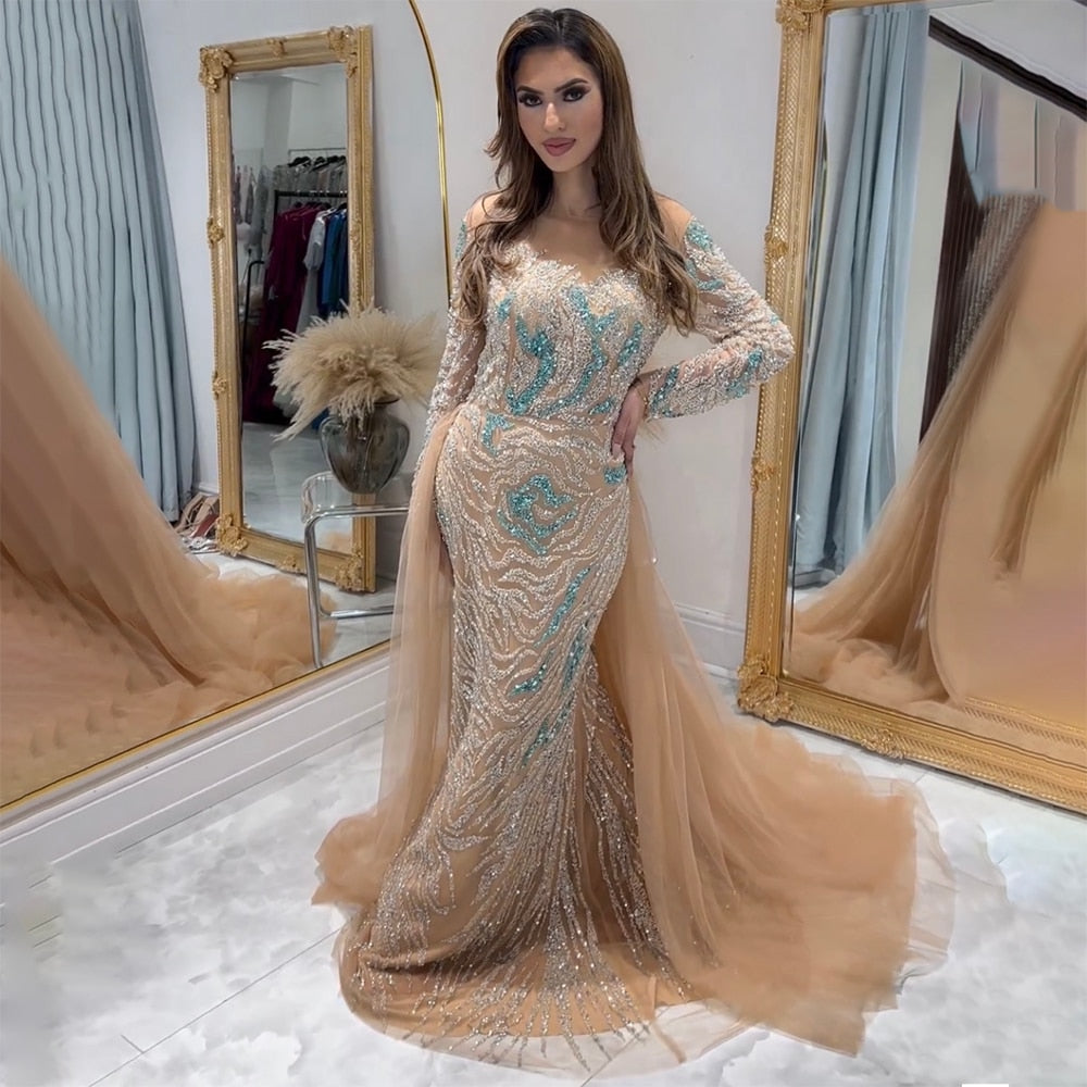 Muslim Nude Mermaid Evening Dress with Overskirt Split Beaded LA71995 - SERENE HILL