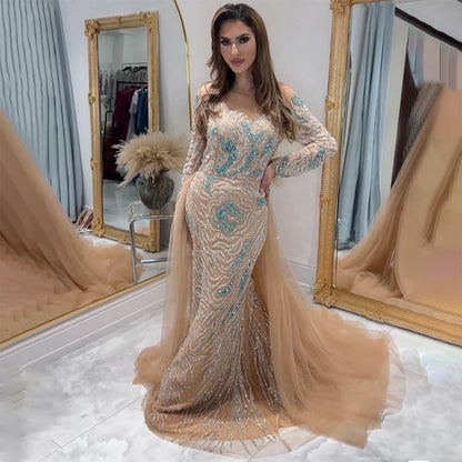 Muslim Nude Mermaid Evening Dress with Overskirt Split Beaded LA71995 - SERENE HILL