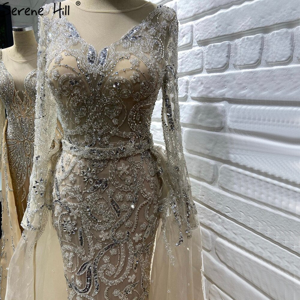 Serene Hill Muslim Nude Silver Overskirt Evening Dresses Gowns 2025 Mermaid Beaded Luxury Elegant For Woman Party LA71353 - SERENE HILL