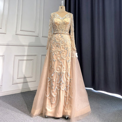 Serene Hill Muslim Nude Silver Overskirt Evening Dresses Gowns 2025 Mermaid Beaded Luxury Elegant For Woman Party LA71353 - SERENE HILL