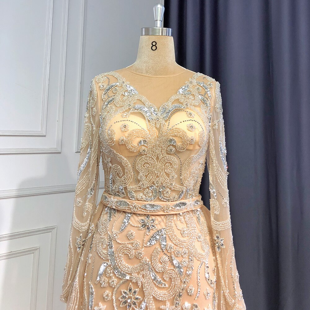 Serene Hill Muslim Nude Silver Overskirt Evening Dresses Gowns 2025 Mermaid Beaded Luxury Elegant For Woman Party LA71353 - SERENE HILL