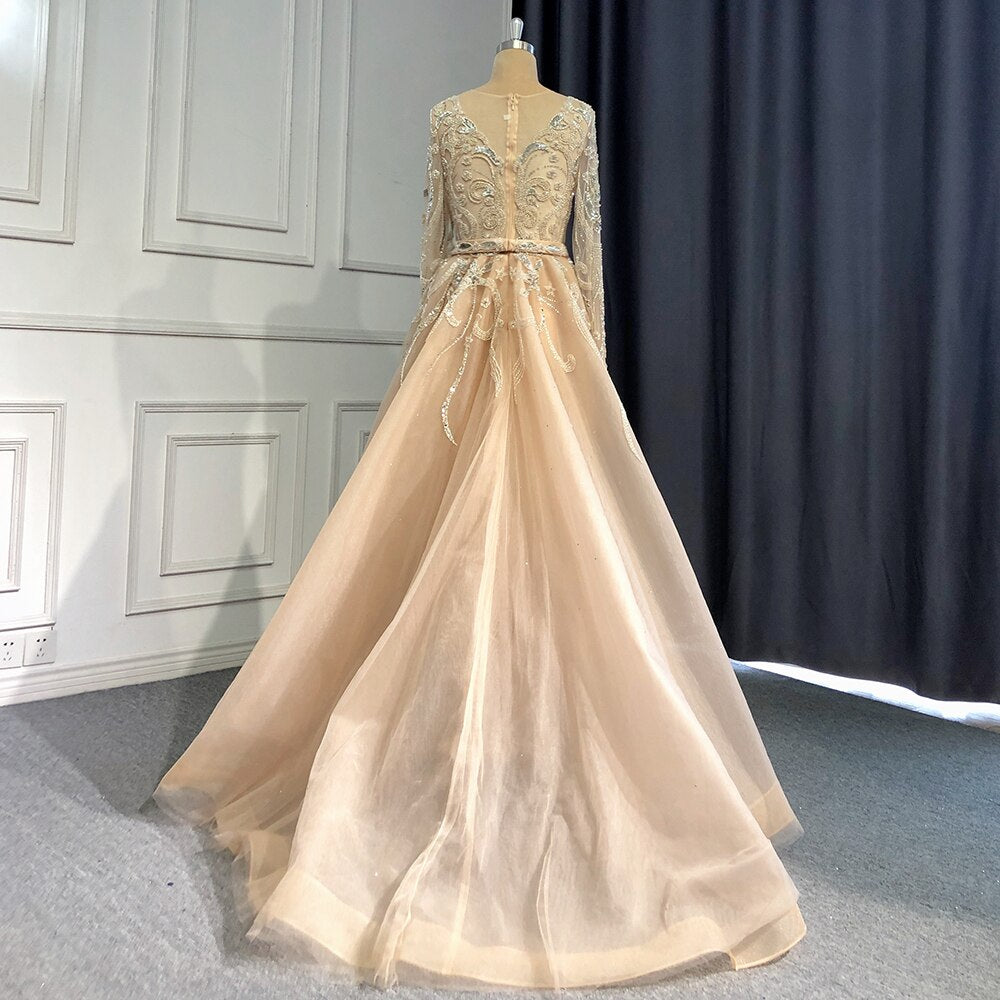 Serene Hill Muslim Nude Silver Overskirt Evening Dresses Gowns 2025 Mermaid Beaded Luxury Elegant For Woman Party LA71353 - SERENE HILL