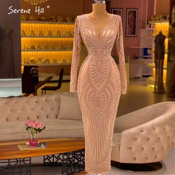 Serene Hill Muslim Peach Luxury Mermaid Evening Dresses Gowns 2025 Elegant Ankle Length For Women Party LA71291