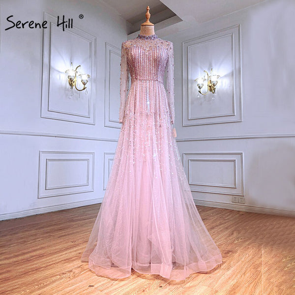 Serene Hill Muslim  Pink A-Line Evening Dresses Gowns 2025 Luxury Beaded Crystal For Women Party LA71227A