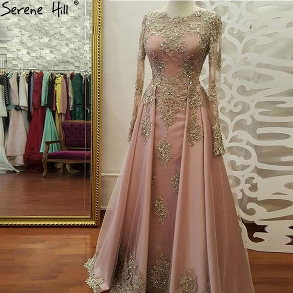 Serene Hill Muslim Pink Beaded Evening Dresses Gowns 2025 Elegant Luxury Overskirt For Women Party LA71276