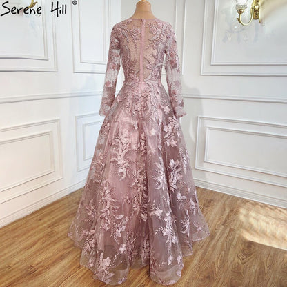 Serene Hill Muslim Pink Beaded Lace A-Line Luxury Long Crystal Evening Dresses Formal Gowns For Women Party 2025 LA70708 - SERENE HILL