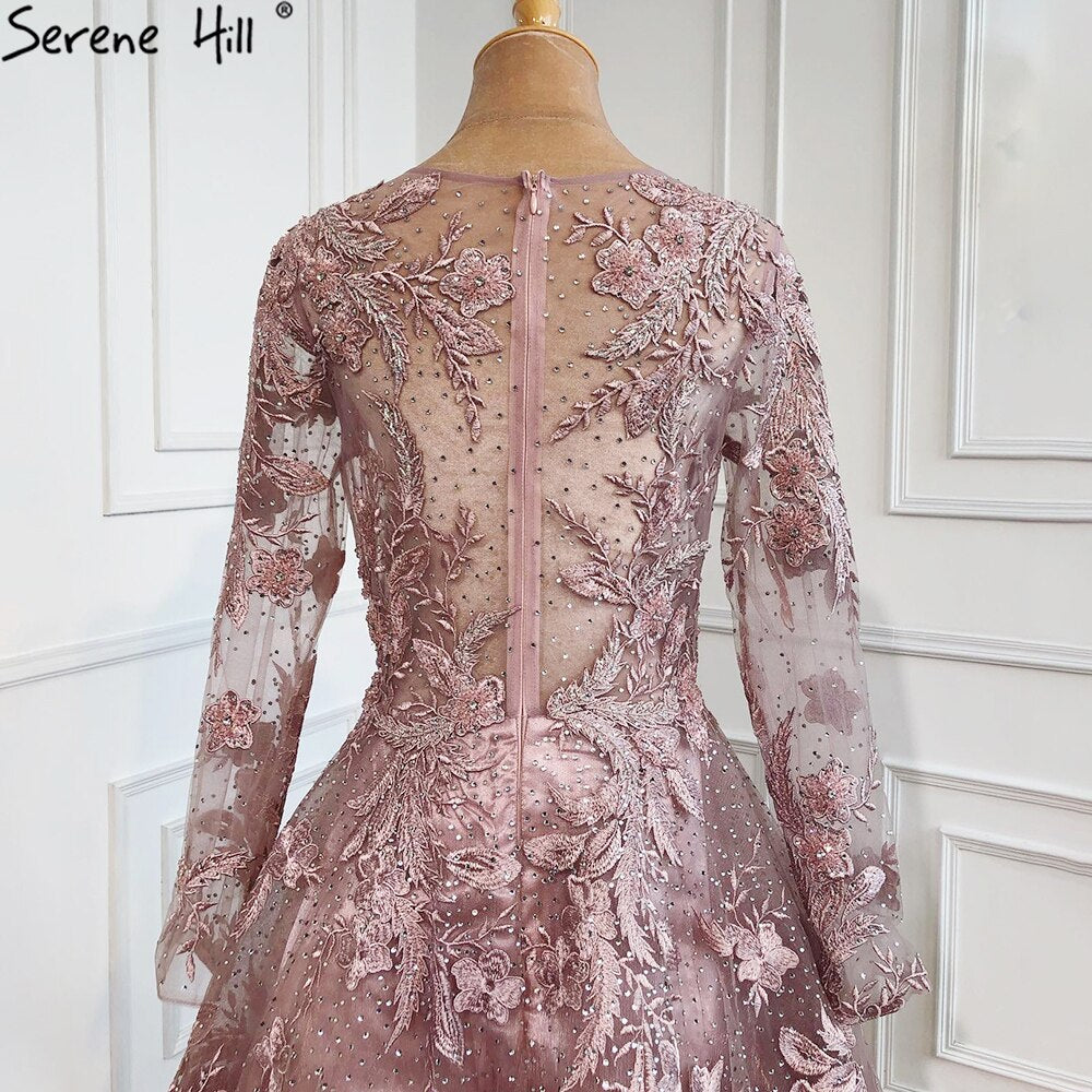 Serene Hill Muslim Pink Beaded Lace A-Line Luxury Long Crystal Evening Dresses Formal Gowns For Women Party 2025 LA70708 - SERENE HILL