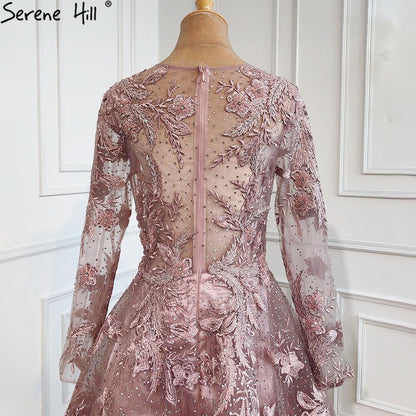 Serene Hill Muslim Pink Beaded Lace A-Line Luxury Long Crystal Evening Dresses Formal Gowns For Women Party 2025 LA70708 - SERENE HILL