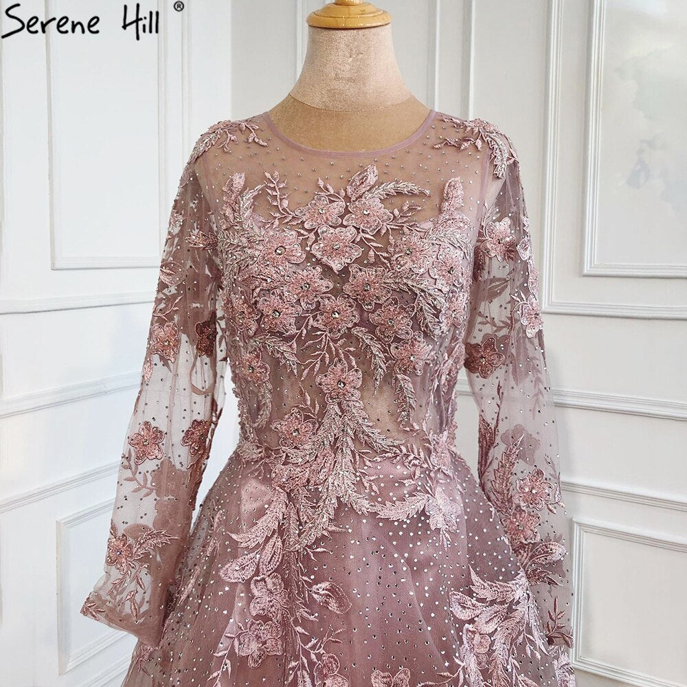 Serene Hill Muslim Pink Beaded Lace A-Line Luxury Long Crystal Evening Dresses Formal Gowns For Women Party 2025 LA70708 - SERENE HILL