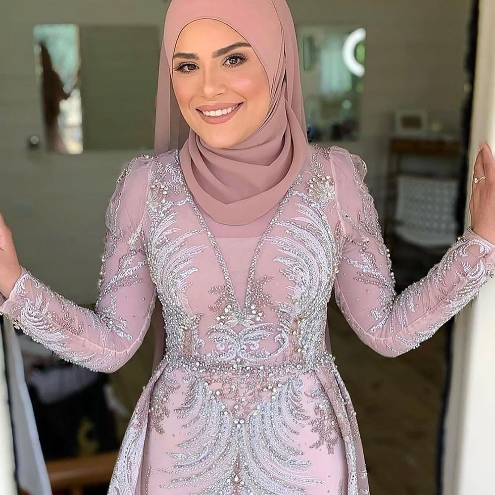 On Sale No Return Serene Hill Muslim Pink Elegant Mermaid Overskirt Luxury Beaded Evening Dresses Gowns 2025 For Woman Party LA71572 - SERENE HILL