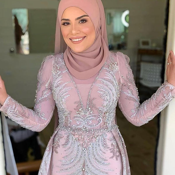 Serene Hill Muslim Pink  Elegant  Mermaid Overskirt Luxury Beaded Evening Dresses Gowns 2025  For Woman Party LA71572