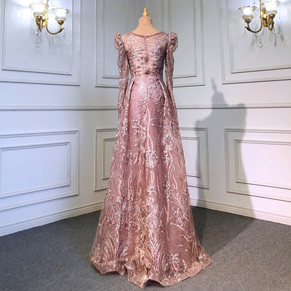 On Sale No Return Serene Hill Muslim Pink Elegant Mermaid Overskirt Luxury Beaded Evening Dresses Gowns 2025 For Woman Party LA71572 - SERENE HILL