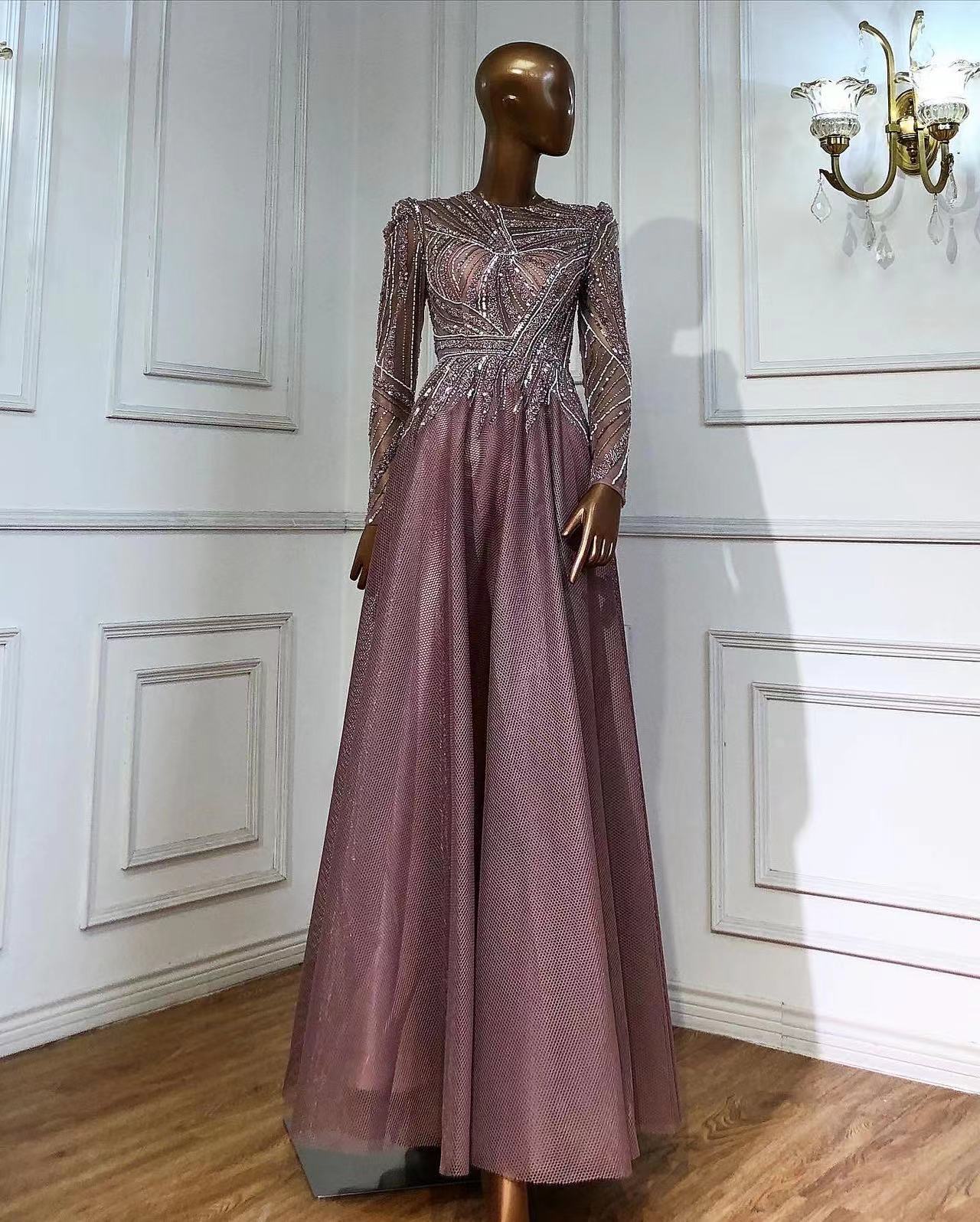 Serene Hill Muslim Pink Evening Dresses Gowns Beaded A-Line Luxury 2025 For Women Wedding Party LA71290L - SERENE HILL