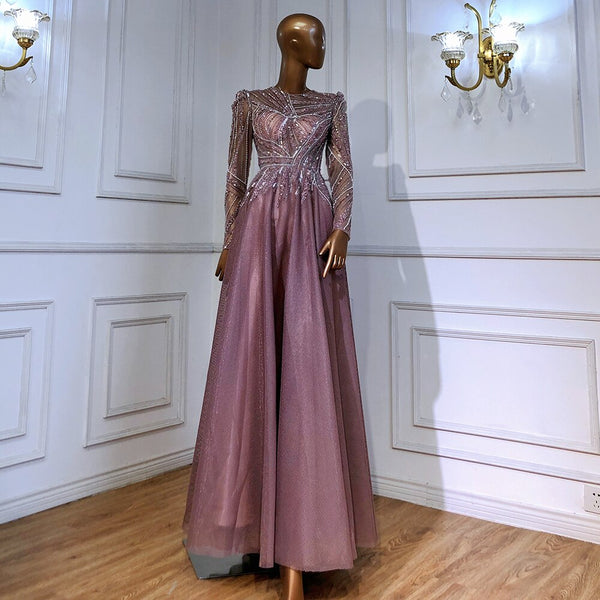 Serene Hill Muslim Pink Evening Dresses Gowns Beaded A-Line Luxury 2025 For Women Wedding Party LA71290L