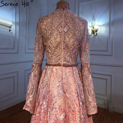 Serene Hill Muslim Pink Lace Beaded Evening Dresses Gowns 2025 A-Line Luxury For Women Wedding Party LA71247 - SERENE HILL