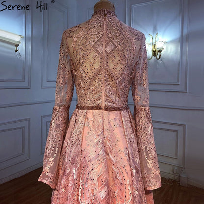 Serene Hill Muslim Pink Lace Beaded Evening Dresses Gowns 2025 A-Line Luxury For Women Wedding Party LA71247 - SERENE HILL