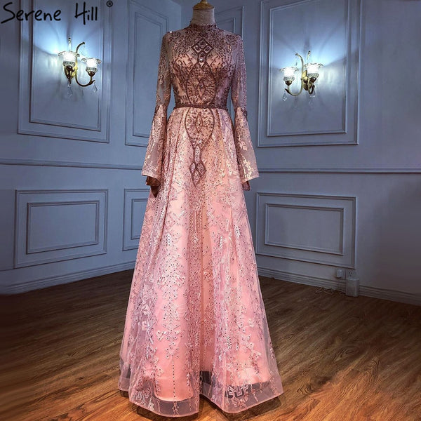 Serene Hill Muslim Pink Lace Beaded Evening Dresses Gowns 2025 A-Line Luxury For Women Wedding Party LA71247