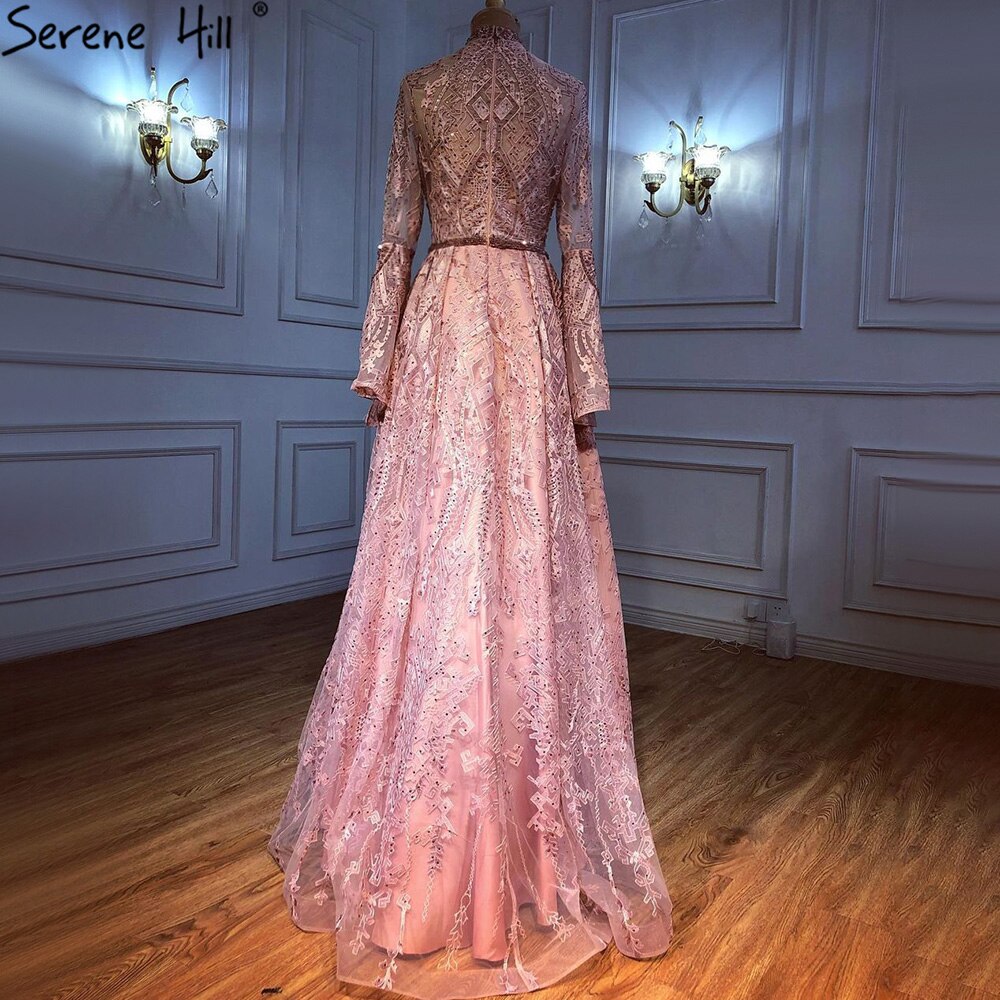 Serene Hill Muslim Pink Lace Beaded Evening Dresses Gowns 2025 A-Line Luxury For Women Wedding Party LA71247 - SERENE HILL