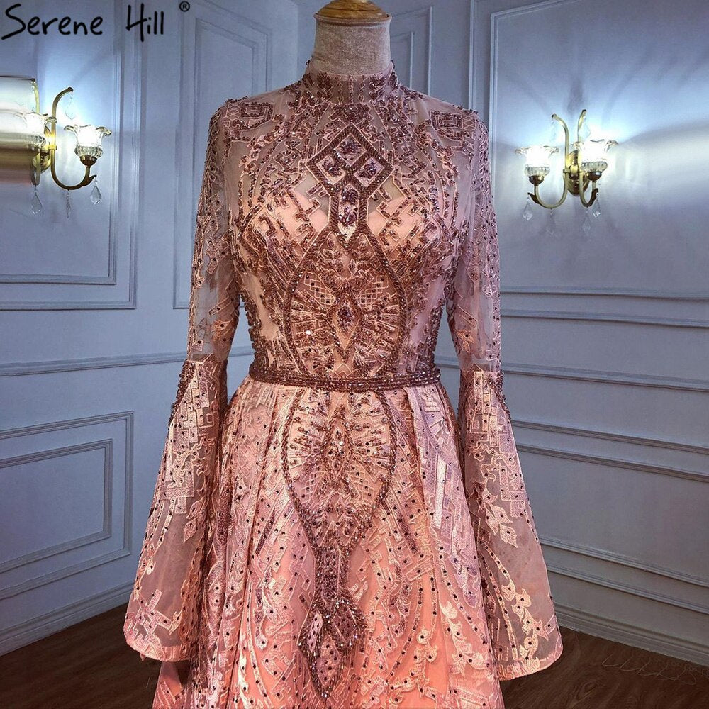 Serene Hill Muslim Pink Lace Beaded Evening Dresses Gowns 2025 A-Line Luxury For Women Wedding Party LA71247 - SERENE HILL