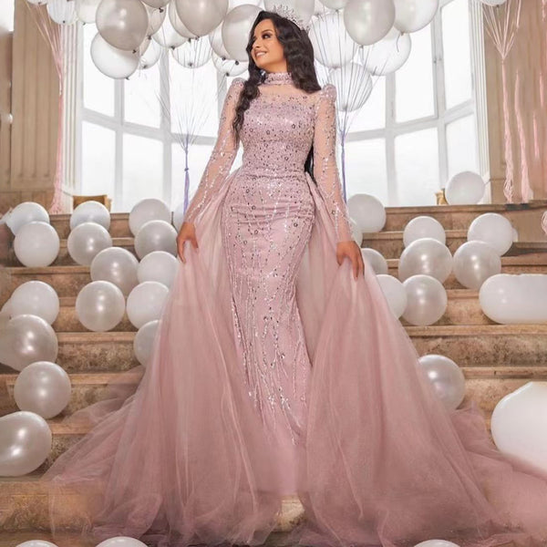 Serene Hill Muslim Pink Long Sleeve High Neck Luxury Beaded Evening Dresses Gowns 2025 Elegant Mermaid For Women Party  LA71721