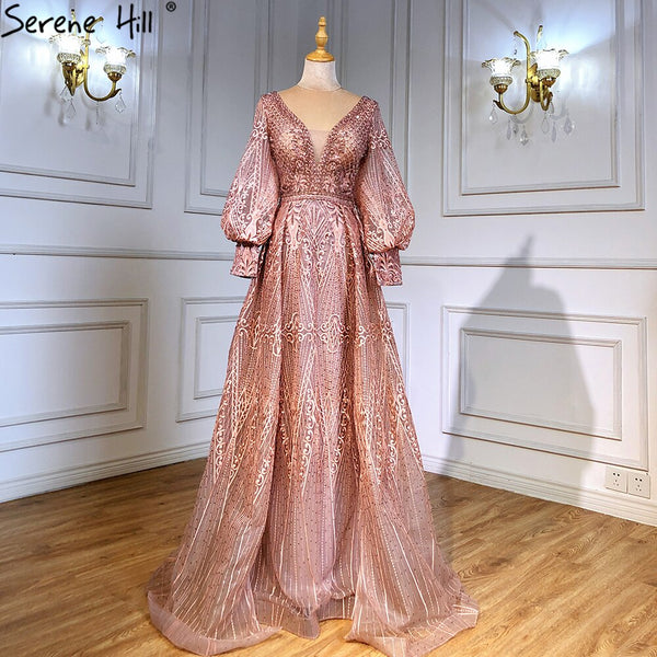 Serene Hill Muslim Pink Luxury Beaded Overskirt Mermaid Evening Dresses Gowns 2025 For Woman Party  LA71482
