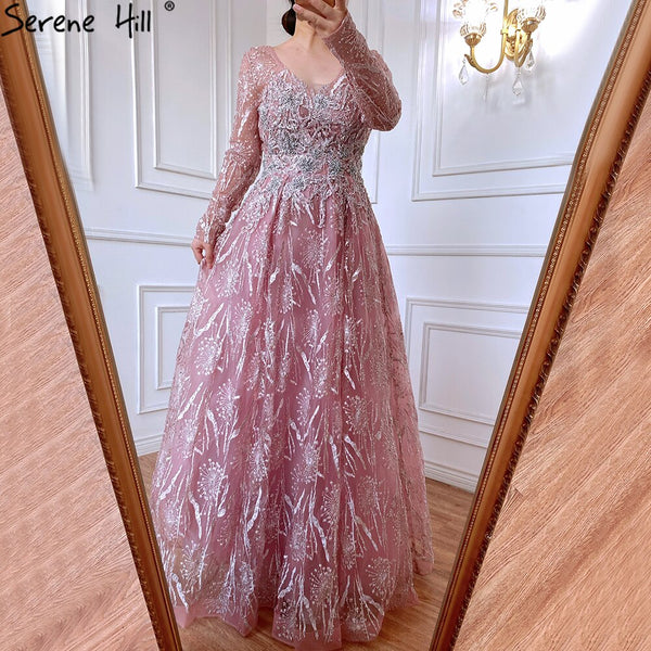 Serene Hill Muslim Pink Luxury Evening Dresses 2025 A-Line Beaded Long Sleeves For Women Party LA71311