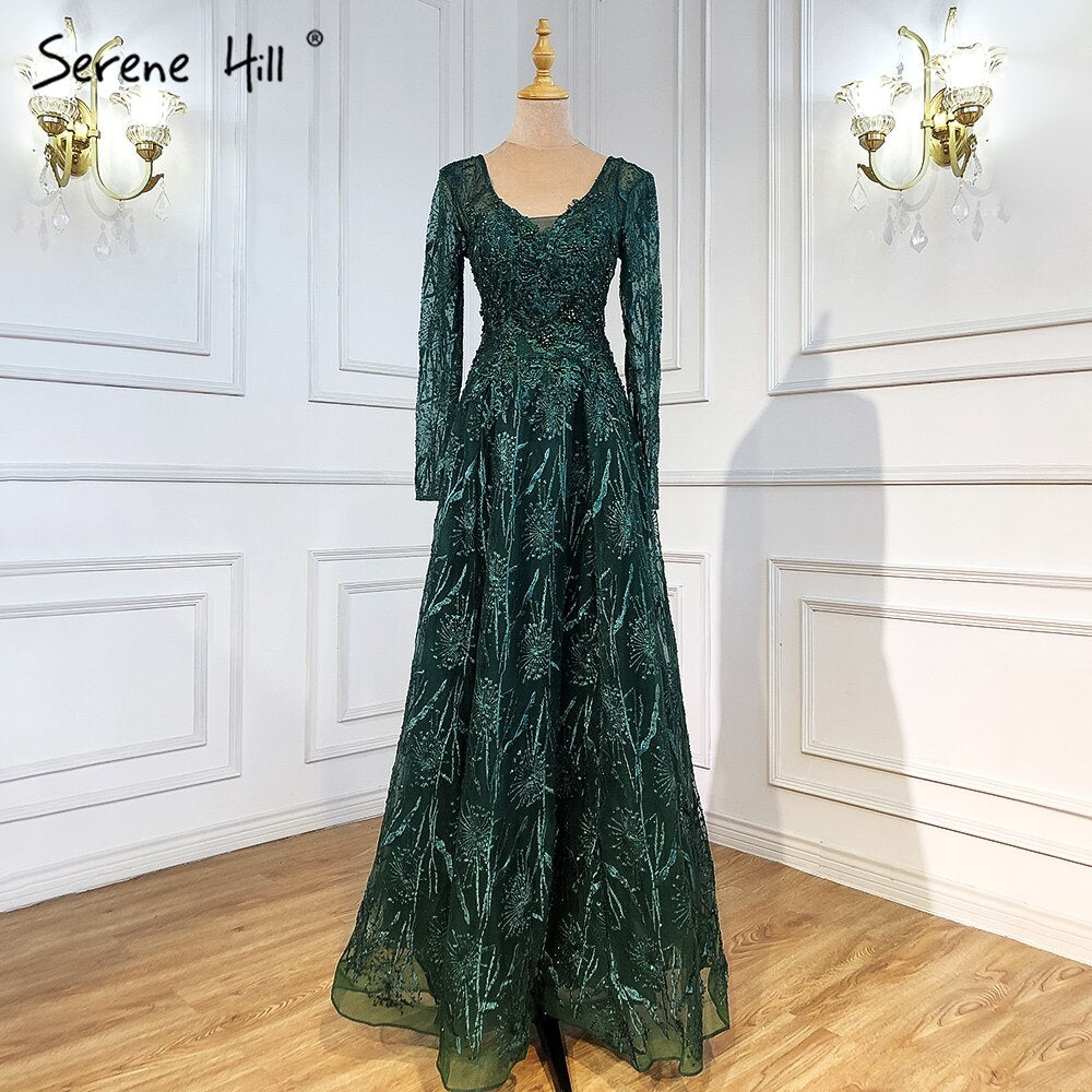 Serene Hill Muslim Pink Luxury Evening Dresses 2025 A-Line Beaded Long Sleeves For Women Party LA71311 - SERENE HILL