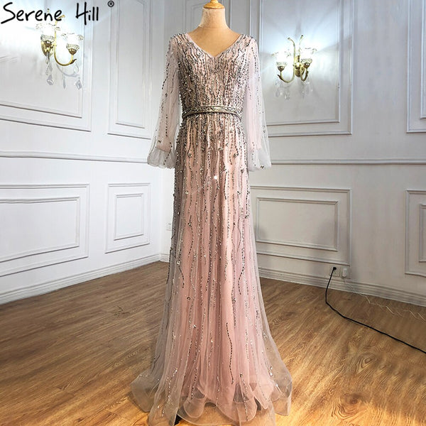 Serene Hill Muslim Pink Luxury Evening Dresses Gowns 2025 A-Line Beading Sparkle Sexy Formal Dress LA70972