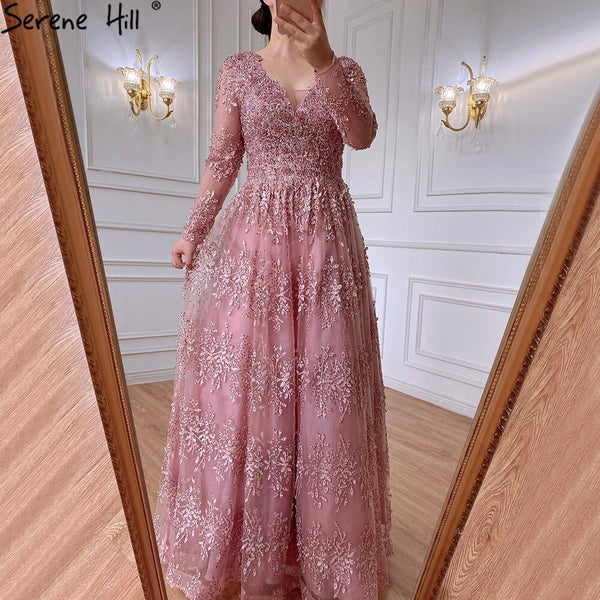 Serene Hill Muslim Pink Luxury Evening Dresses Gowns 2025 Long Sleeves Crystal A-Line For Women Party LA70729