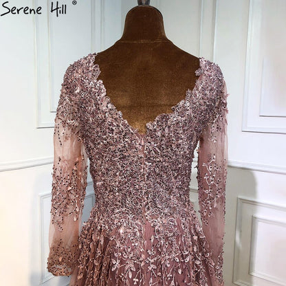 Serene Hill Muslim Pink Luxury Evening Dresses Gowns 2025 Long Sleeves Crystal A-Line For Women Party LA70729 - SERENE HILL
