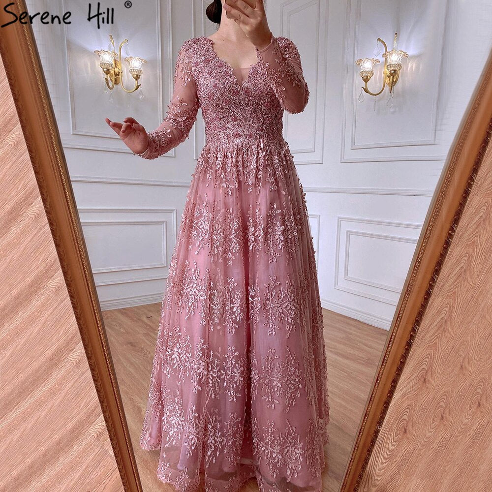 Serene Hill Muslim Pink Luxury Evening Dresses Gowns 2025 Long Sleeves Crystal A-Line For Women Party LA70729 - SERENE HILL