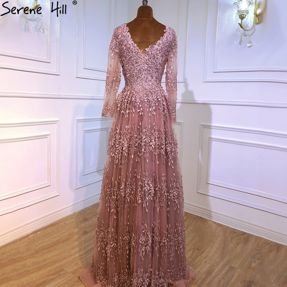 Serene Hill Muslim Pink Luxury Evening Dresses Gowns 2025 Long Sleeves Crystal A-Line For Women Party LA70729 - SERENE HILL